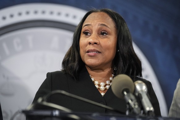 Fulton County District Attorney Fani Willis speaks in the Fulton County Government Center during a news conference, Monday, Aug. 14, 2023, in Atlanta. Donald Trump and several allies have been indicte ...