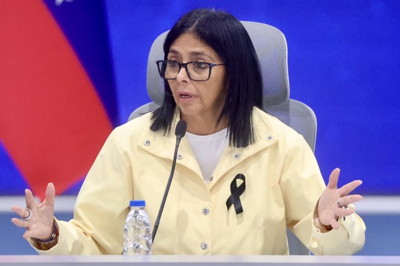 epa13082092 Acting President of Venezuela, Delcy Rodriguez, speaks during a press conference, where she thanked the 147 countries and 'international artists, including Bad Bunny among others, who ...