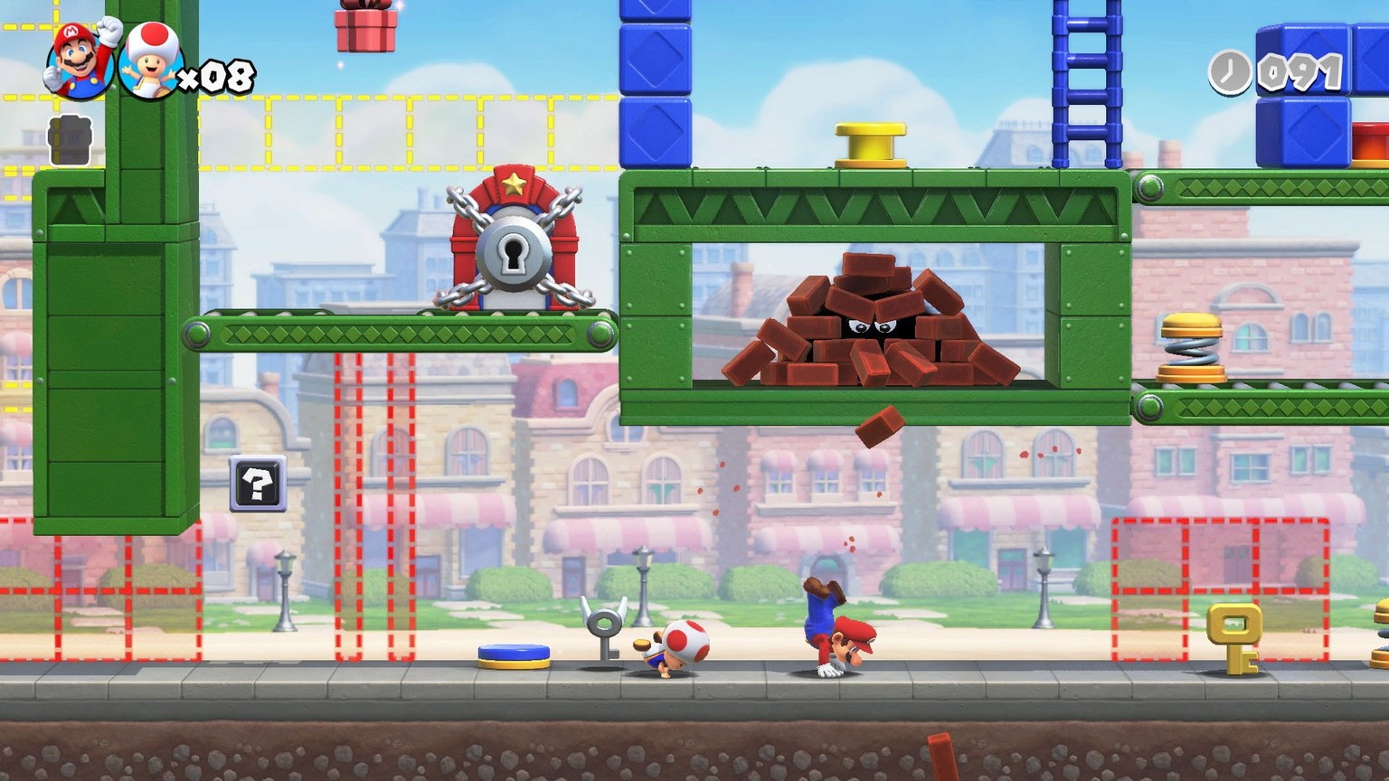 Via Handstand ist Super Mario vor herabfallenden Gegenständen geschützt.