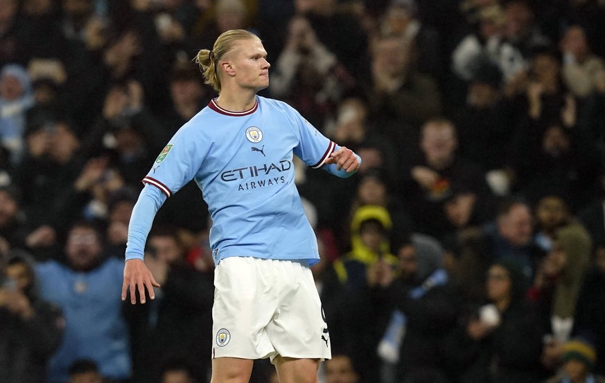 Manchester, England, 22nd December 2022. Erling Haaland of Manchester City celebrates coring the first goal during the Carabao Cup match at the Etihad Stadium, Manchester. Picture credit should read: ...