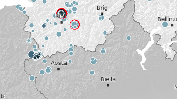 Die beiden fast identischen roten Kreise bei Sion zeigen die Lage der zwei Erdbeben im Wallis.