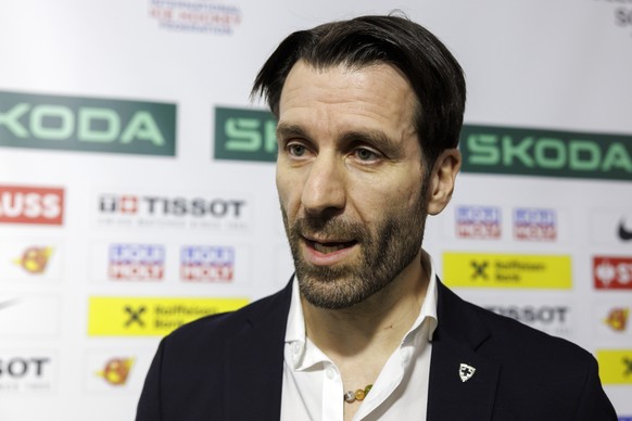 Lars Weibel, Director Sport of Swiss Ice Hockey Federation, talks to reporters, during an optional Switzerland team training session at the IIHF 2023 World Championship, at the Riga Arena, in Riga, La ...