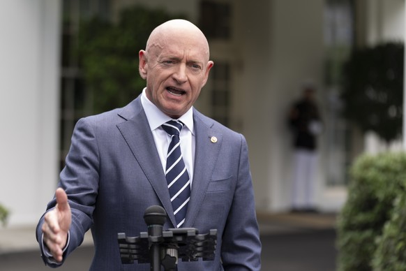 Sen. Mark Kelly, D-Ariz., speaks about the southern border outside the West Wing of the White House, Tuesday, June 4, 2024, in Washington. (AP Photo/Manuel Balce Ceneta)
Mark Kelly