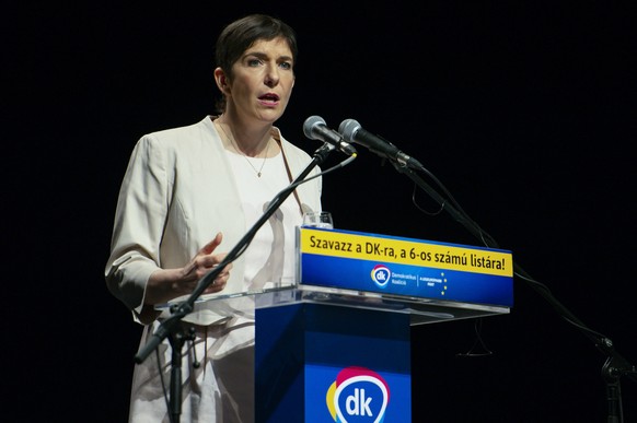 Top candidate for the upcoming European Parliament elections Klara Dobrev of Democratic Coalition (DK) party and wife of DK&#039;s leader Ferenc Gyurcsany, speaks during the party&#039;s campaign even ...