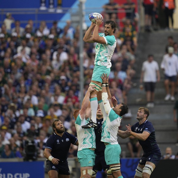 South Africa&#039;s Eben Etzebeth catches the ball from a line out throw during the Rugby World Cup Pool B match between South Africa and Scotland at the Stade de Marseille in Marseille, France, Sunda ...