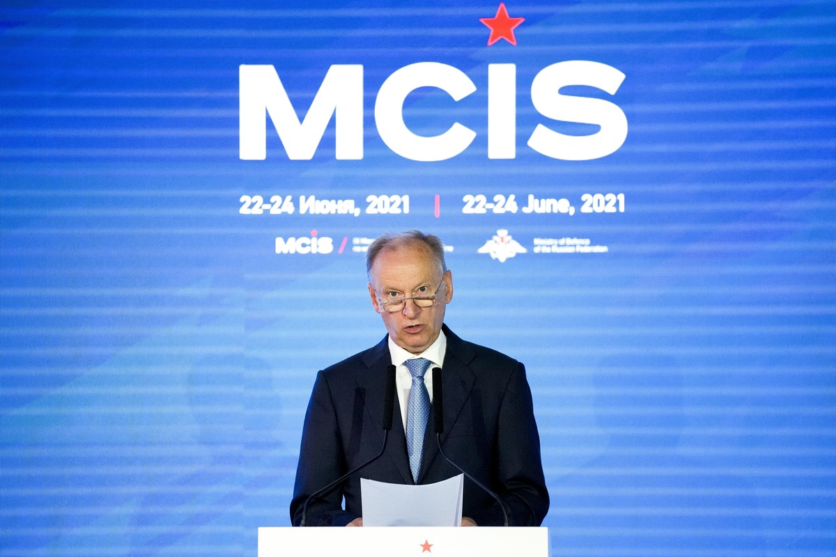 FILE - Russia's security council secretary Nikolai Patrushev delivers his speech at the IX Moscow conference on international security in Moscow, Russia, on June 24, 2021. With all eyes on a poss ...