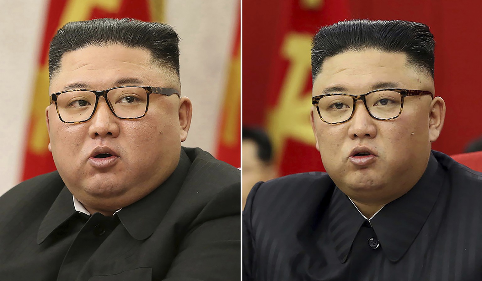 FILE - This combination of file photos provided by the North Korean government, shows North Korean leader Kim Jong Un at Workers&#039; Party meetings in Pyongyang, North Korea, on Feb. 8, 2021, left,  ...