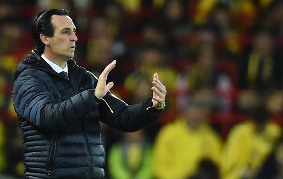 epa09913028 Villarreal&#039;s head coach Unai Emery reacts during the UEFA Champions League semi final, first leg soccer match between Liverpool FC and Villarreal CF in Liverpool, Britain, 27 April 20 ...