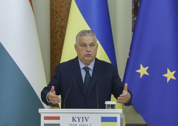 epa11452257 Hungarian Prime Minister Viktor Orban attends a joint press conference with Ukrainian President Zelensky after their meeting in Kyiv, Ukraine, 02 July 2024. The Hungarian prime minister ar ...