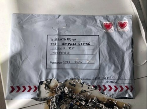 In this handout photo provided by Sky News, a suspect package that was sent to Heathrow airport and caught fire is seen in England, Tuesday, March 5, 2019. Britain’s counter-terrorism police are inves ...