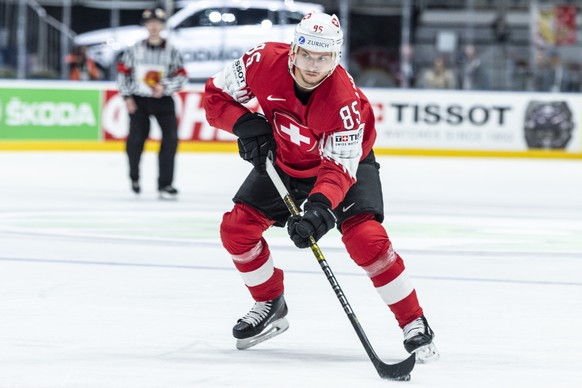 Switzerland`s Sven Andrighetto during the game between Switzerland and Austria, at the IIHF 2019 World Ice Hockey Championships, at the Ondrej Nepela Arena in Bratislava, Slovakia, on Thusday, May 14, ...