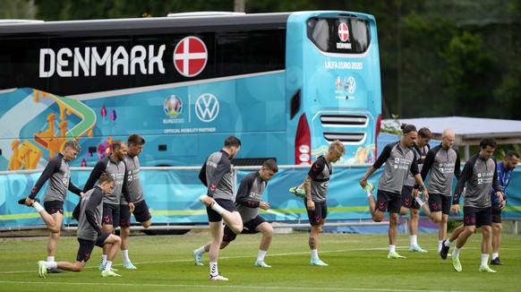 Players exercise at the training ground during a training session of Denmark&#039;s national team in Helsingor, Denmark, Monday, June 14, 2021. It is the first training of the Danish team since the Eu ...