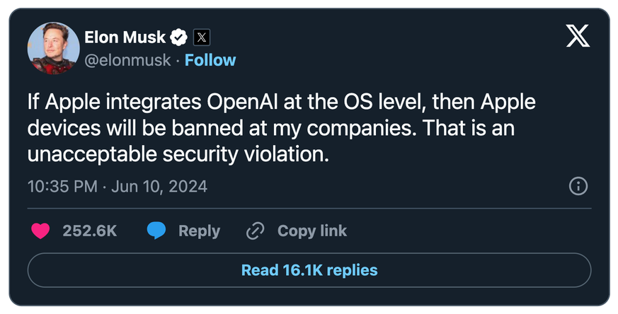 Tweet von Elon Musk zu Apple Intelligence.