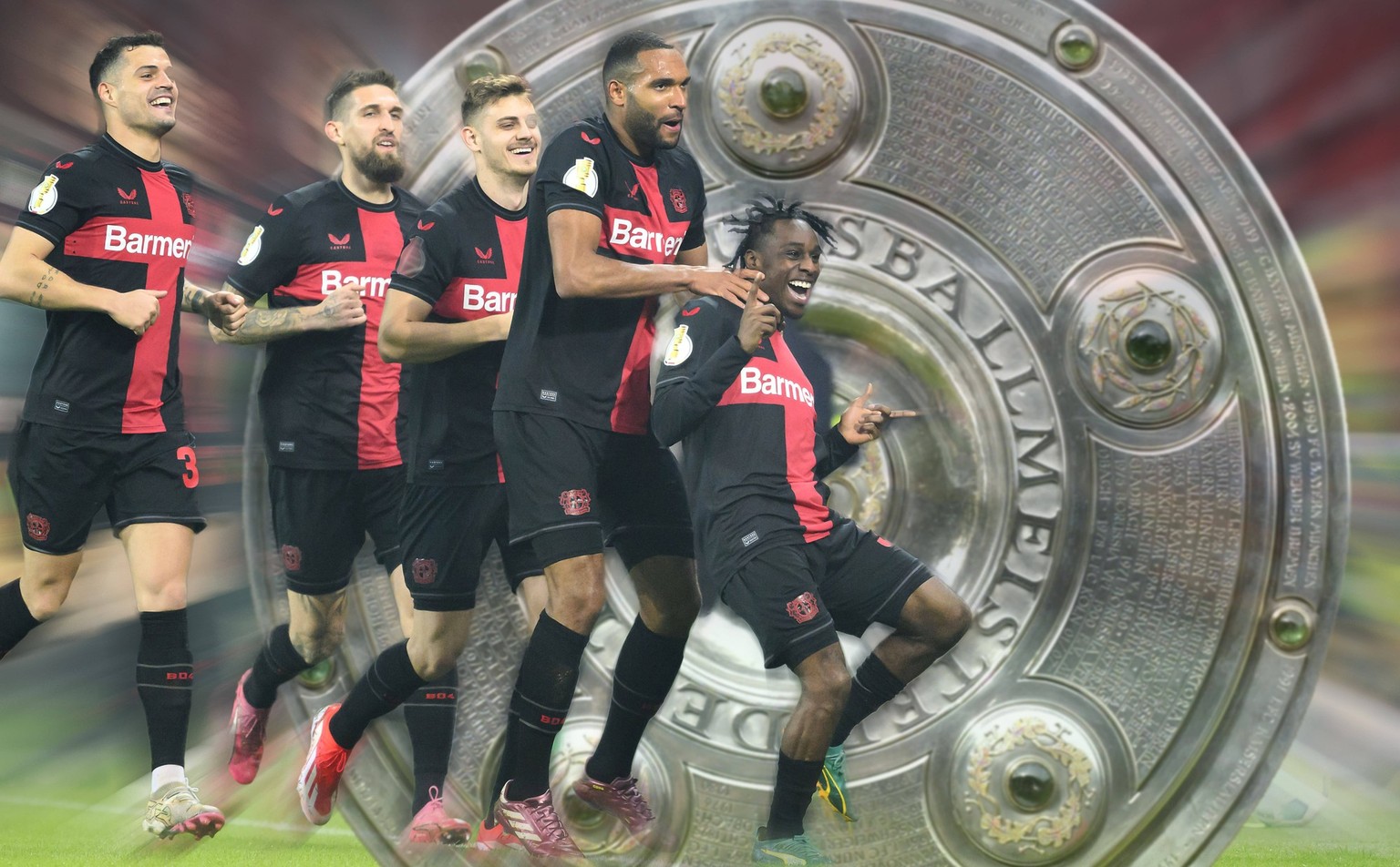 FOTOMONTAGE: Bayer Leverkusen kann am 29.Spieltag erstmals Deutscher Meister werden Jubel Jeremie FRIMPONG r. LEV nach seinem Tor zum 1:0, mit v.l. Granit XHAKA LEV, Robert ANDRICH LEV Josip STANISIC  ...