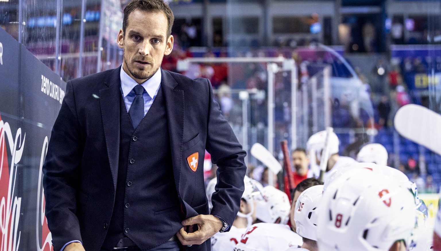 Switzerland`s coach Patrick Fischer during the semi final game between Canada and Switzerland, at the IIHF 2019 World Ice Hockey Championships, at the Steel Arena in Kosice, Slovakia, on Thursday, May ...