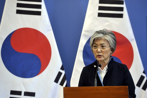 epa07614530 South Korean Foreign Minister Kang Kyung-wha speaks during a joint press conference held with Hungarian Minister of Foreign Affairs and Trade Peter Szijjarto following their extraordinary  ...