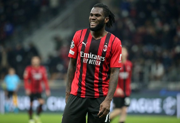 epa09628227 AC Milan���s Franck Kessie reacts during the UEFA Champions League group B soccer match between Ac Milan and Liverpool at Giuseppe Meazza stadium in Milan, Italy, 07 December 2021. EPA/MAT ...