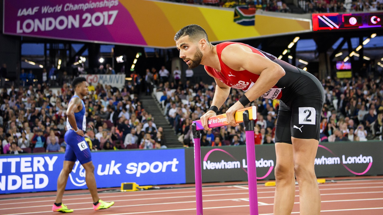 Kariem Hussein from Switzerland reacts prior the 400m Hurdles Men Semi-Final at the IAAF World Athletics Championships at the London Stadium, in the Queen Elizabeth Olympic Park in London, Britain, Mo ...