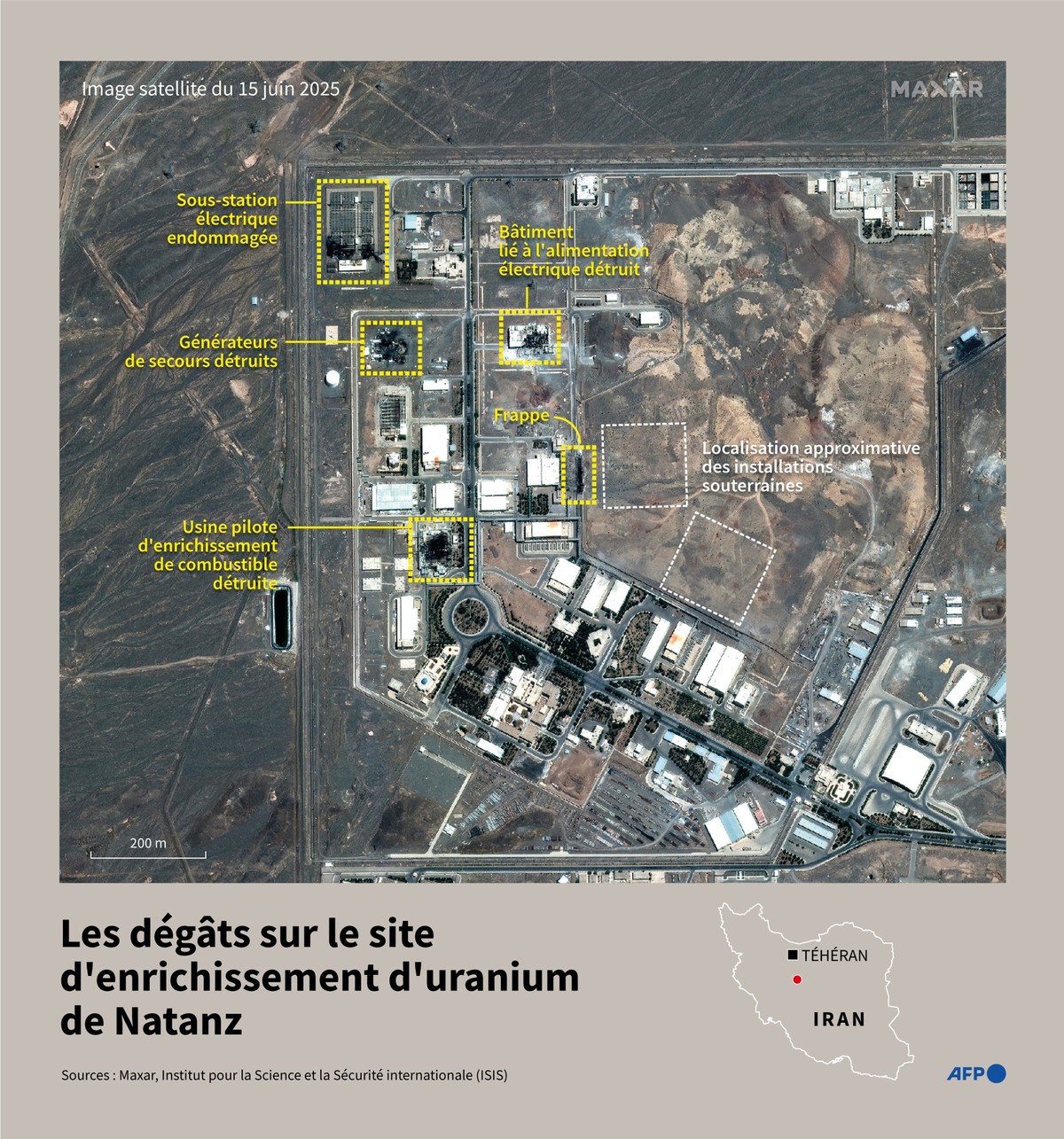 Image satellite de Maxar du 15 juin 2025 montrant les dégâts sur le site d'enrichissement d'uranium de Natanz, dans le centre de l'Iran (Photo by Cléa PÉCULIER and Valentina BRESCHI / A ...