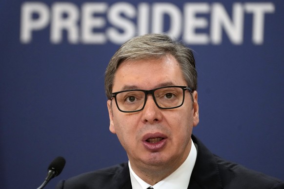 Serbian President Aleksandar Vucic speaks during a press conference, in Belgrade, Serbia, Saturday, Oct. 8, 2022. Vucic said Sunday after a meeting of Serbia&#039;s top security body that he will do e ...