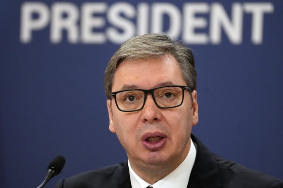 Serbian President Aleksandar Vucic speaks during a press conference, in Belgrade, Serbia, Saturday, Oct. 8, 2022. Vucic said Sunday after a meeting of Serbia&#039;s top security body that he will do e ...