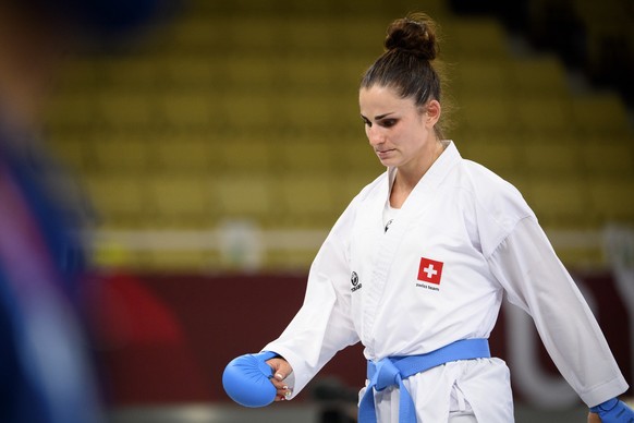 Elena Quirici of Switzerland reacts after the women's karate kumite +61kg fight against Li Gong of China at the 2020 Tokyo Summer Olympics in Tokyo, Japan, on Saturday, August 07, 2021. (KEYSTONE/Laurent Gillieron)