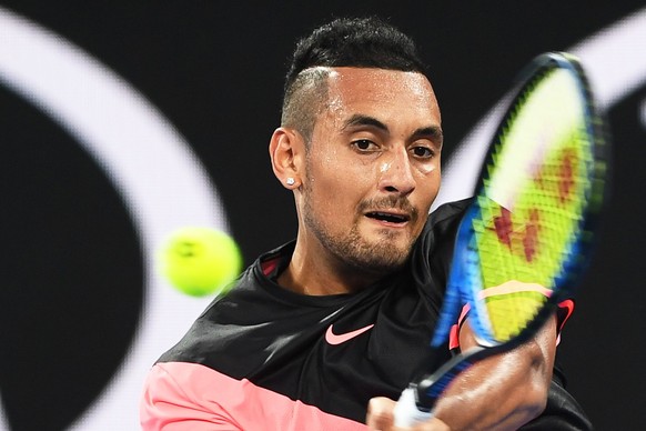 epa06445899 Nick Kyrgios of Australia in action during his second round match against Viktor Troicki of Serbia at the Australian Open Grand Slam tennis tournament in Melbourne, Australia, 17 January 2 ...