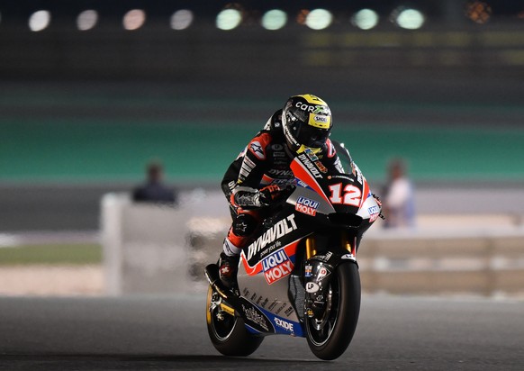 epa07425374 Swiss Moto2 rider Thomas Luthi of Dynavolt Intact GP
in action during a qualifying session for the Motorcycling Grand Prix of Qatar at Al Losail International Circuit in Doha, Qatar, 09 M ...