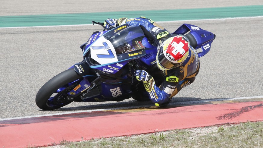 epa09880286 Swiss rider Dominique Aegerter of Yamaha team in action during the Aragon Round of the 2022 FIM Superbike World Championship at MotorLand Aragon circuit in Teruel, Spain, 09 April 2022. EP ...