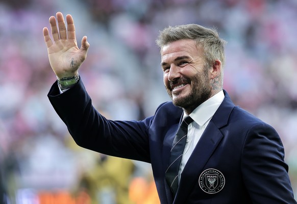epaselect epa12869968 David Beckham, one of the Inter Miami teams owners, gestures before the beginning of the MLS soccer match between Inter Miami CF and Austin FC game at the Nu Stadium in Miami, F ...