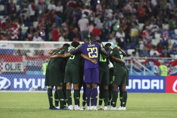 Nigeria player gather in a circle during the group D match between Croatia and Nigeria at the 2018 soccer World Cup in the Kaliningrad Stadium in Kaliningrad, Russia, Saturday, June 16, 2018. (AP Phot ...