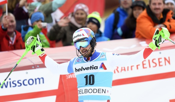 epa06422742 Luca Aerni of Switzerland reacts in the finish area during the second run of the men&#039;s slalom race at the Alpine Skiing FIS Ski World Cup in Adelboden, Switzerland, Sunday, January 7, ...