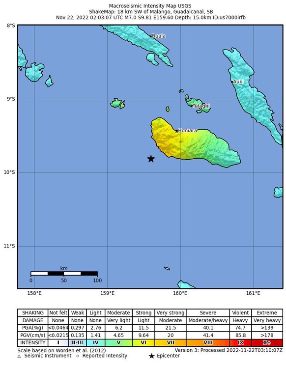 epa10319314 A shake map released by the US Geological Survey (USGS) shows the location of a 7.0 magnitude earthquake 18 kilometers southwest of Malango, Solomon Islands, 22 November 2022. EPA/US Geolo ...