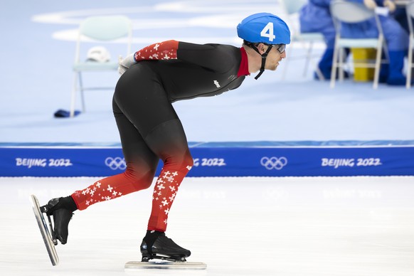 Switzerland's Livio Wenger competes during the men's Speed Skating Mass Start semifinal at the 2022 Winter Olympics in Beijing, China, on Saturday, February 19, 2022. (KEYSTONE/Salvatore Di Nolfi)