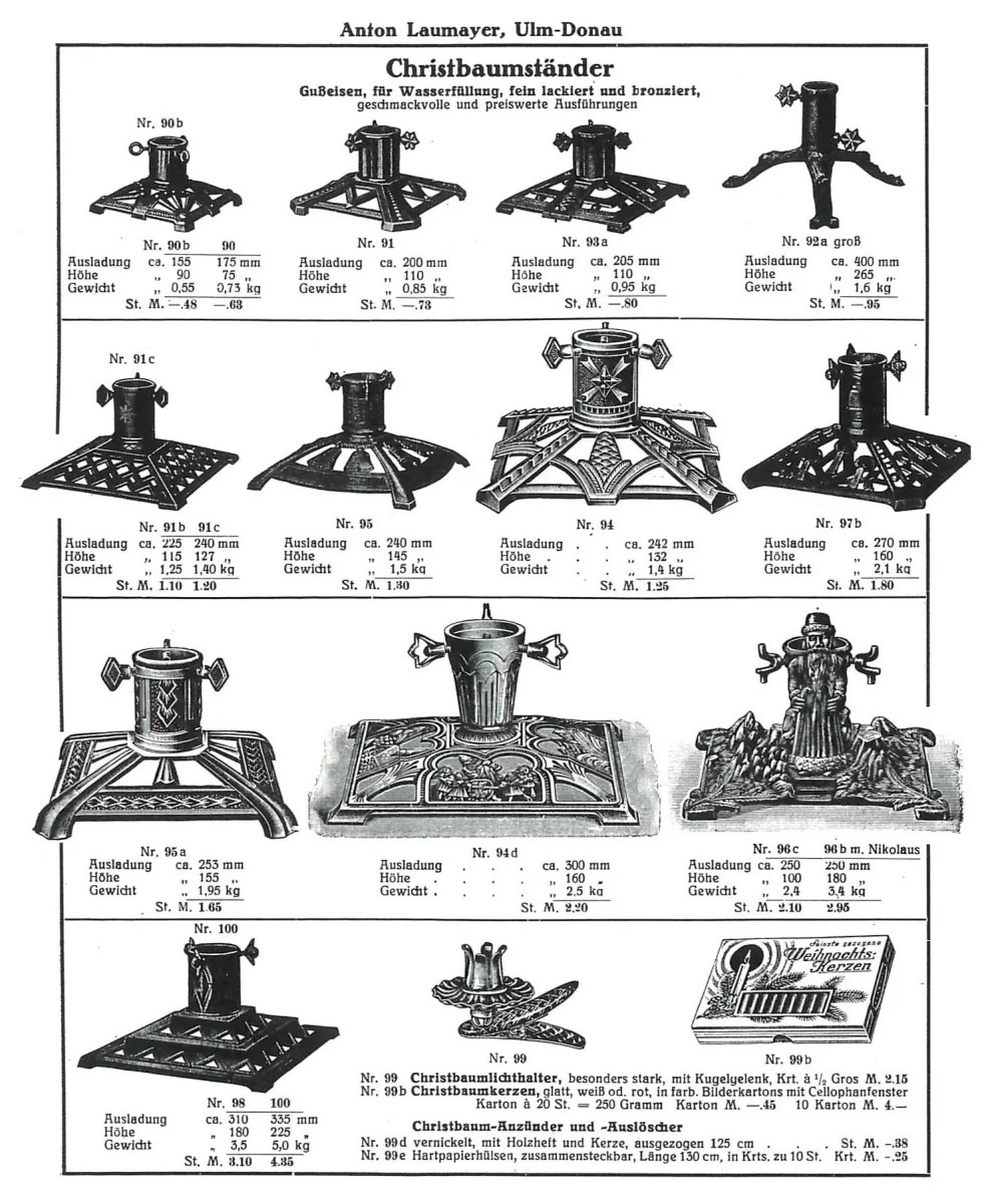 Weihnachtsbaumständer aus Gusseisen, abgebildet in einem Katalog eines deutschen Eisenwarenhändlers aus dem Jahr 1937.