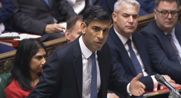 Britain&#039;s Prime Minister Rishi Sunak speaks during Prime Minister&#039;s Questions in the House of Commons, London, Wednesday, Dec. 7, 2022. (House of Commons/PA via AP)