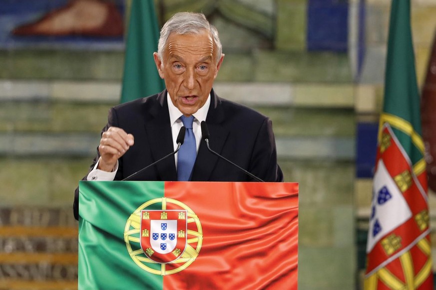 FILE - Portugal&#039;s Incumbent President Marcelo Rebelo de Sousa delivers a speech following the results of Portugal&#039;s presidential election, in Lisbon, Monday, Jan. 25, 2021. PortugalâÄ&amp;#x ...