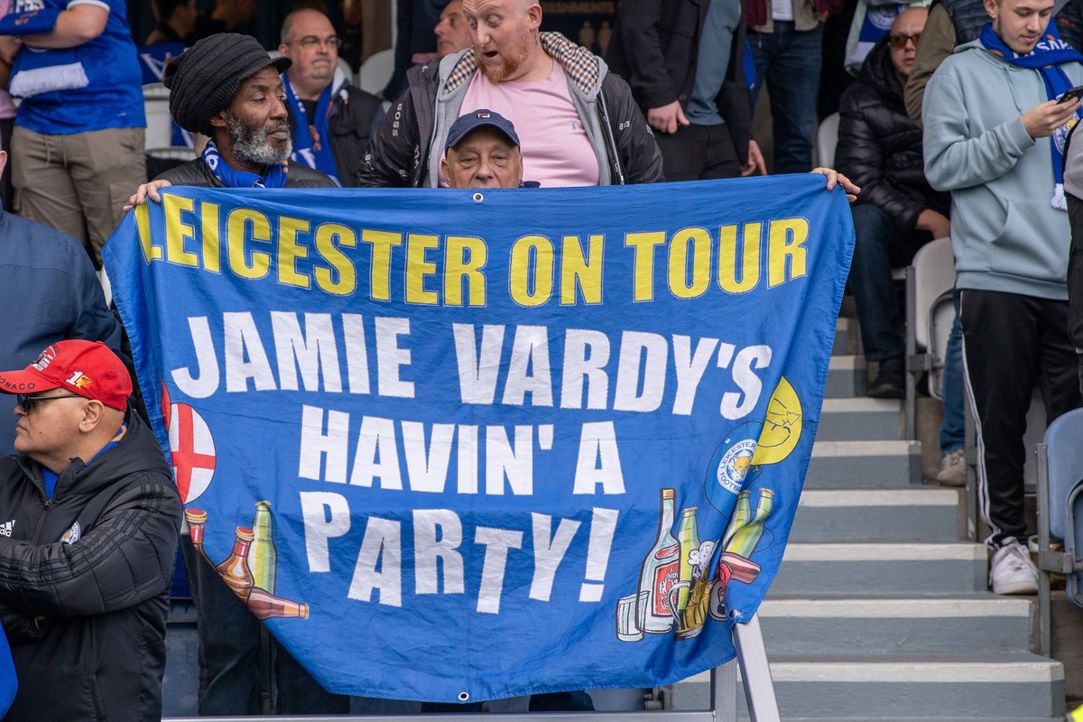 Queens Park Rangers v Leicester City EFL Sky Bet Championship 28/10/2023. Leicster City fans hold a banner about Jamie Vardy during the EFL Sky Bet Championship match between Queens Park Rangers and L ...