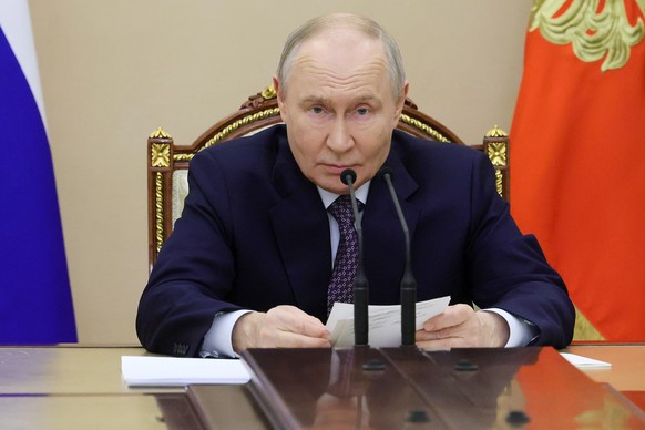 Russian President Vladimir Putin speaks at the Kremlin in Moscow, Tuesday, April 28, 2026, during a meeting on providing security for the upcoming Russian Parliamentary elections. (Mikhail Metzel/Sput ...