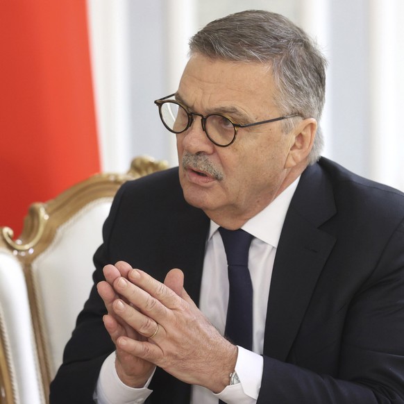 International Ice Hockey Federation President Rene Fasel reacts while speaking with Belarusian President Alexander Lukashenko during their talks in Minsk, Belarus, Monday, Jan. 11, 2021. (Nikolai Petr ...