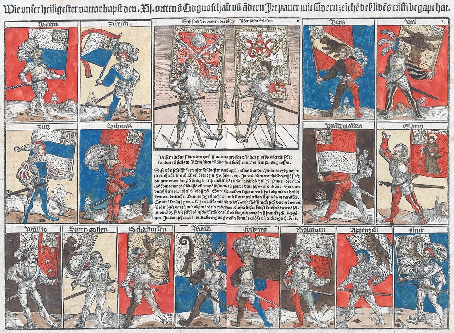 Zum Dank für ihre Unterstützung im Pavia-Feldzug schenkte Papst Julius den Eidgenossen wertvolle Banner aus Seide, sogenannte «Juliusbanner». Erinnerungsblatt in der Stumpf-Chronik von 1534.
https://w ...