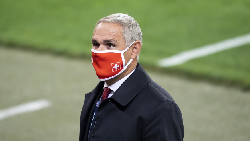 Switzerland&#039;s Pierluigi Tami, director of the national team reacts during the UEFA Nations League group 4 soccer match between Ukraine and Switzerland at the Lviv Arena stadium in Lviv, Ukraine,  ...