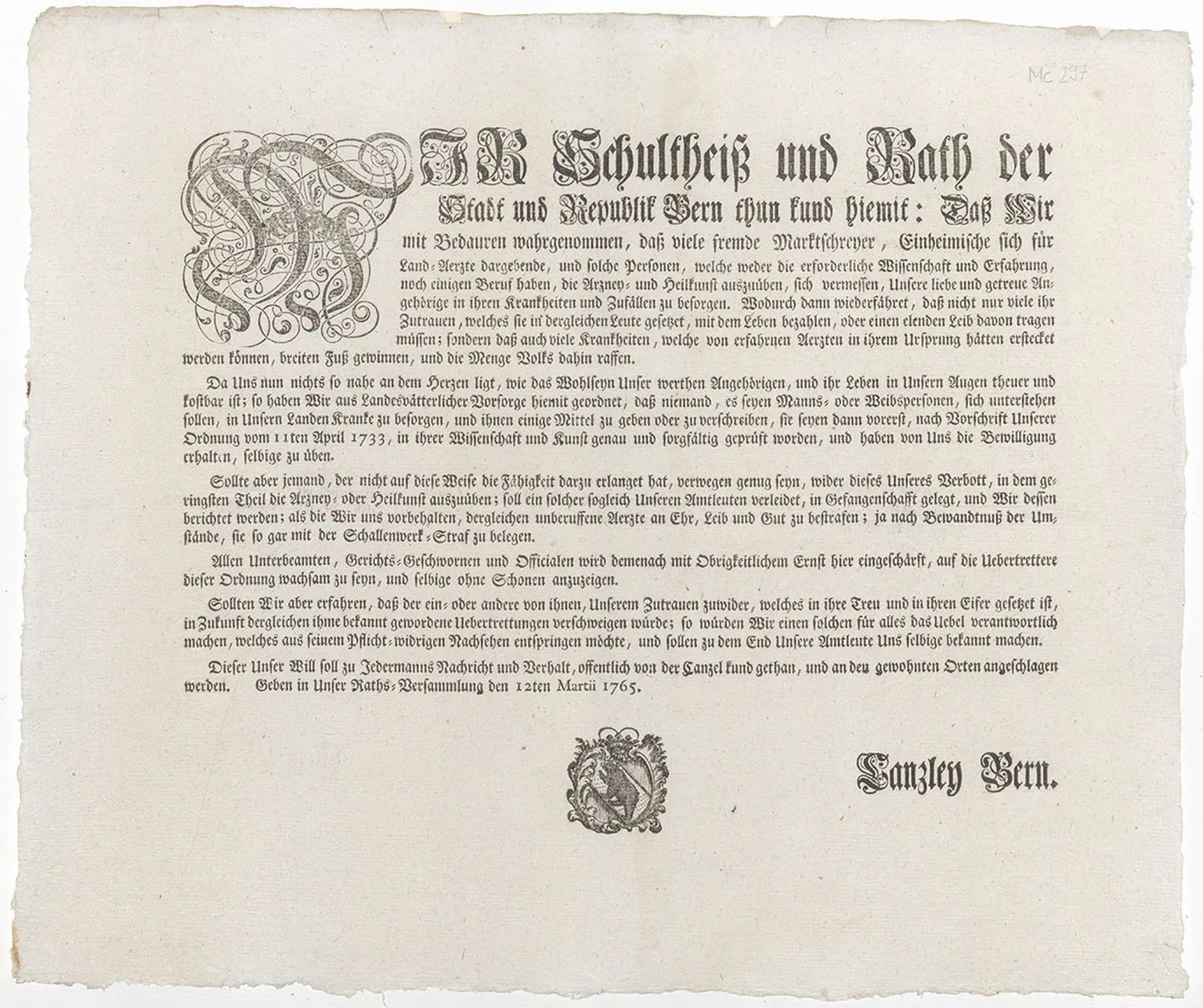 Das Bernische Reglement gegen Scharlatane und nicht anerkannte Ärzte von 1765.
https://www.query.sta.be.ch/detail.aspx?ID=627350
