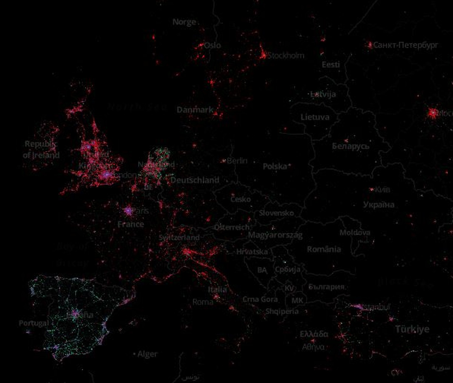 In Spanien ist Android am dominantesten. Daneben gibt es auch in den Niederlanden eine starke grüne Präsenz. In London und Paris sind zudem die eher seltenen violetten Punkte zu sehen, die für das Bla ...