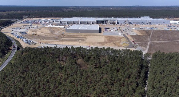 The construction site of the new Tesla Gigafactory for electric cars is pictured in Gruenheide near Berlin, Germany, Tuesday, April 27, 2021. Factories in Berlin and Austin, Texas, are on track to sta ...
