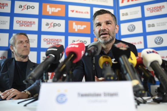 Tomislav Stipic, rechts, wird neben Stephan Anliker, GC-Praesident, links, als neuer Trainer des Grasshopper Club Zuerich GC am Mittwoch, 6. Maerz 2019, in Zuerich vorgestellt. Er tritt die Nachfolge  ...