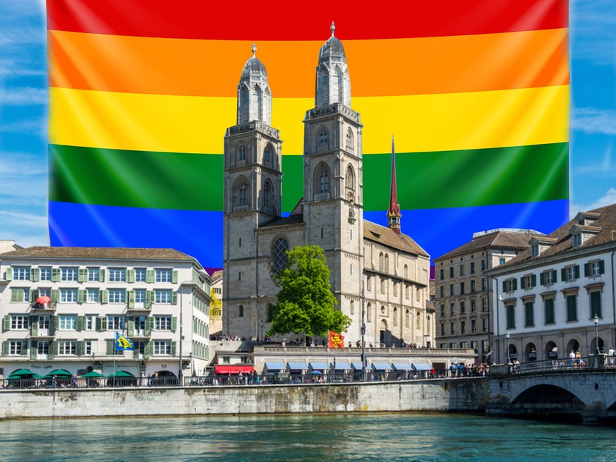 Grossmünster mit LGBTQ+ Flagge