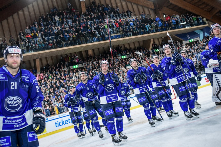 Ambri`s team with fans after the game between Switzerland's HC Ambri-Piotta and Finland's IFK Helsinki, at the 94th Spengler Cup ice hockey tournament in Davos, Switzerland, Wednesday, December 28, 20 ...