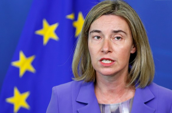 European Union foreign policy chief Federica Mogherini talks to the media after meeting U.S. Secretary of State John Kerry (unseen) at the EU Commission headquarters in Brussels, Belgium, June 27, 201 ...