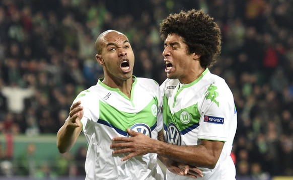 Football Soccer - VfL Wolfsburg v Manchester United - UEFA Champions League Group Stage - Group B - Volkswagen-Arena, Wolfsburg, Germany - 8/12/15
Naldo celebrates with Dante after scoring the first  ...